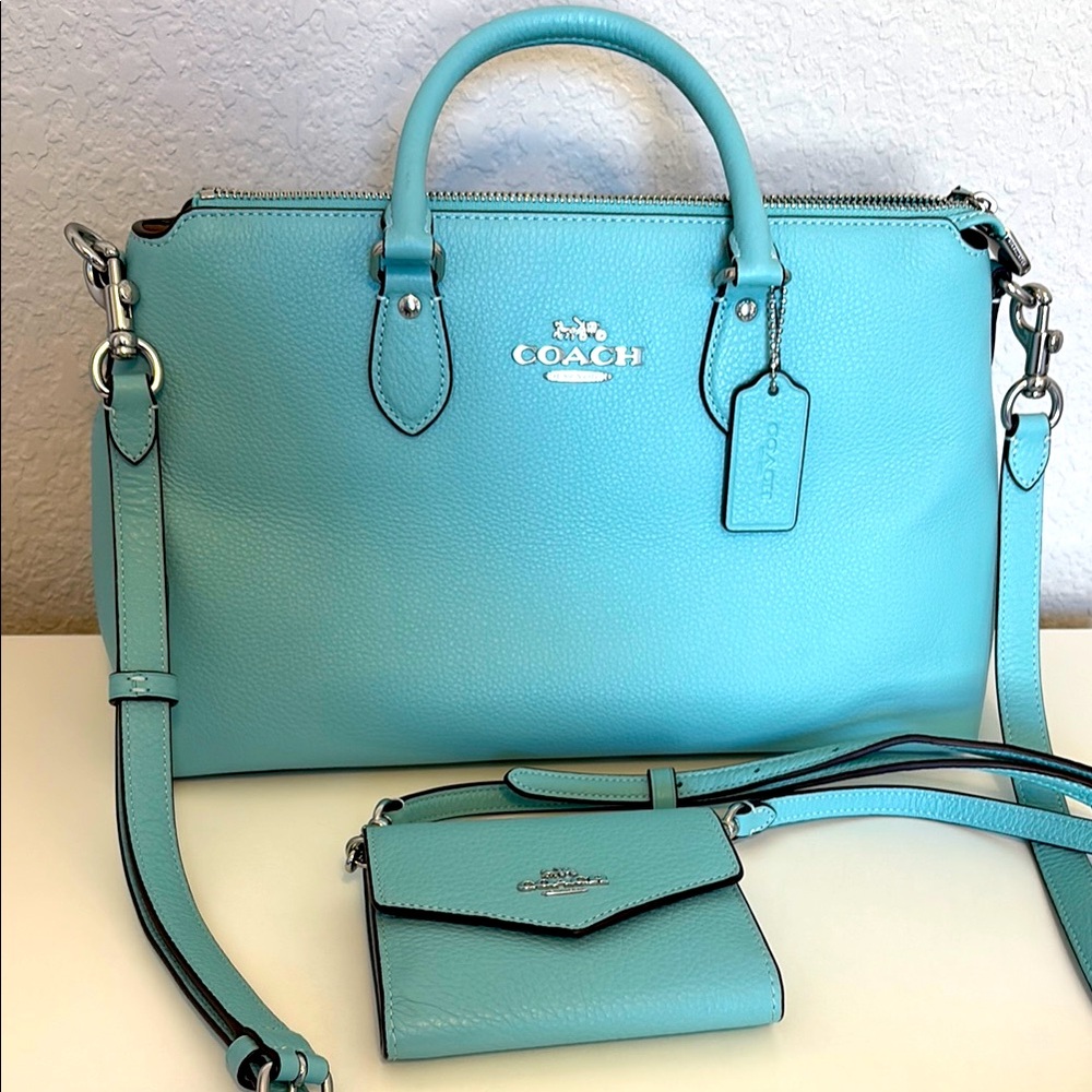 EUC Coach Satchel in tiffany blue with a bonus matching wallet on a strap.